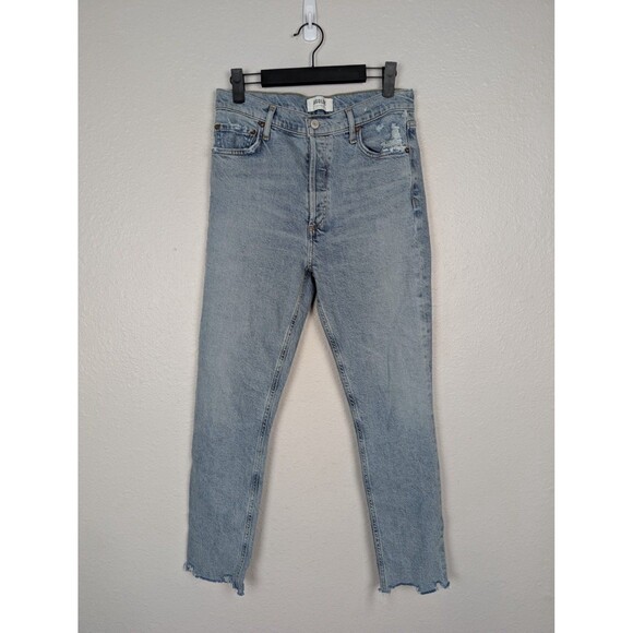 AGOLDE Denim - AGOLDE Jeans 27 Light Wash Nico High Rise Slim Raw Hem Distressed Cropped Mb